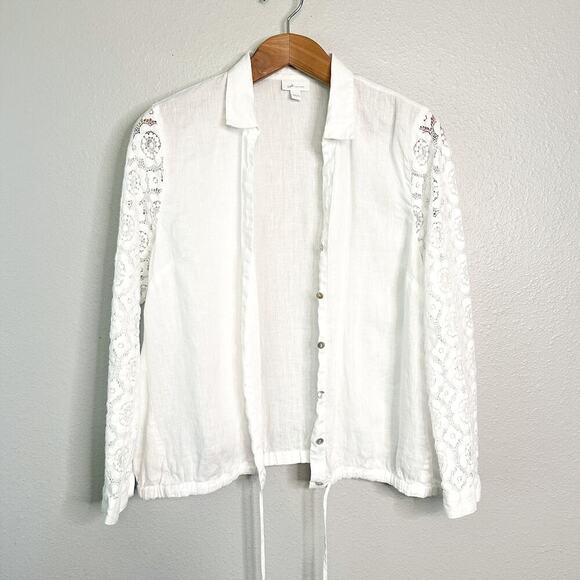 J. Jill Love Linen White Button-Down Shirt Lace Sleeves Women’s Size Large - Picture 2 of 10